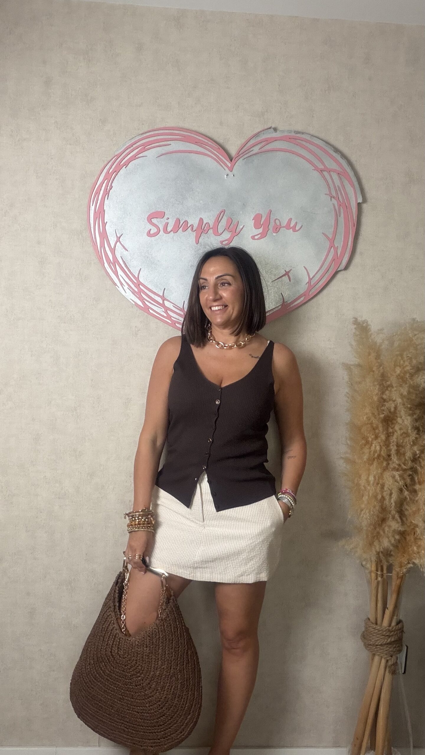 FALDA PANTALON RAYA CAMEL Y BLANCO